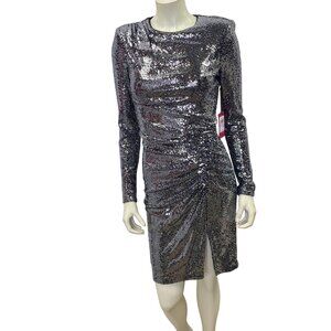 Vince Camuto Silver Long Sleeve Sequin Ruched Dress Women's Evening Partywear 6
